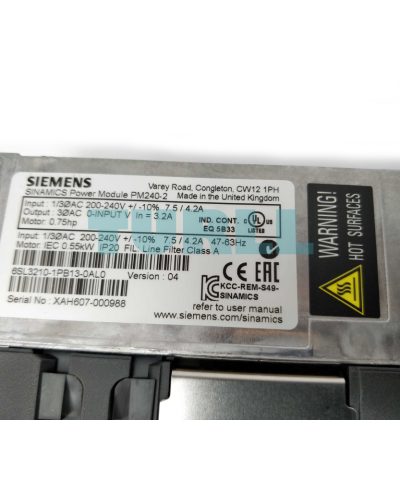 Siemens 6SL3210-1PB13-0AL0 SINAMICS PM240-2 Power Module, 0.37kW - 0.55kW, IP20