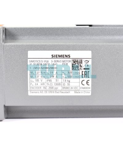 Siemens 1FL6034-2AF21-1AH1 SIMOTICS S-1FL6 Servo Motor 0.4 kW, 3000 rpm
