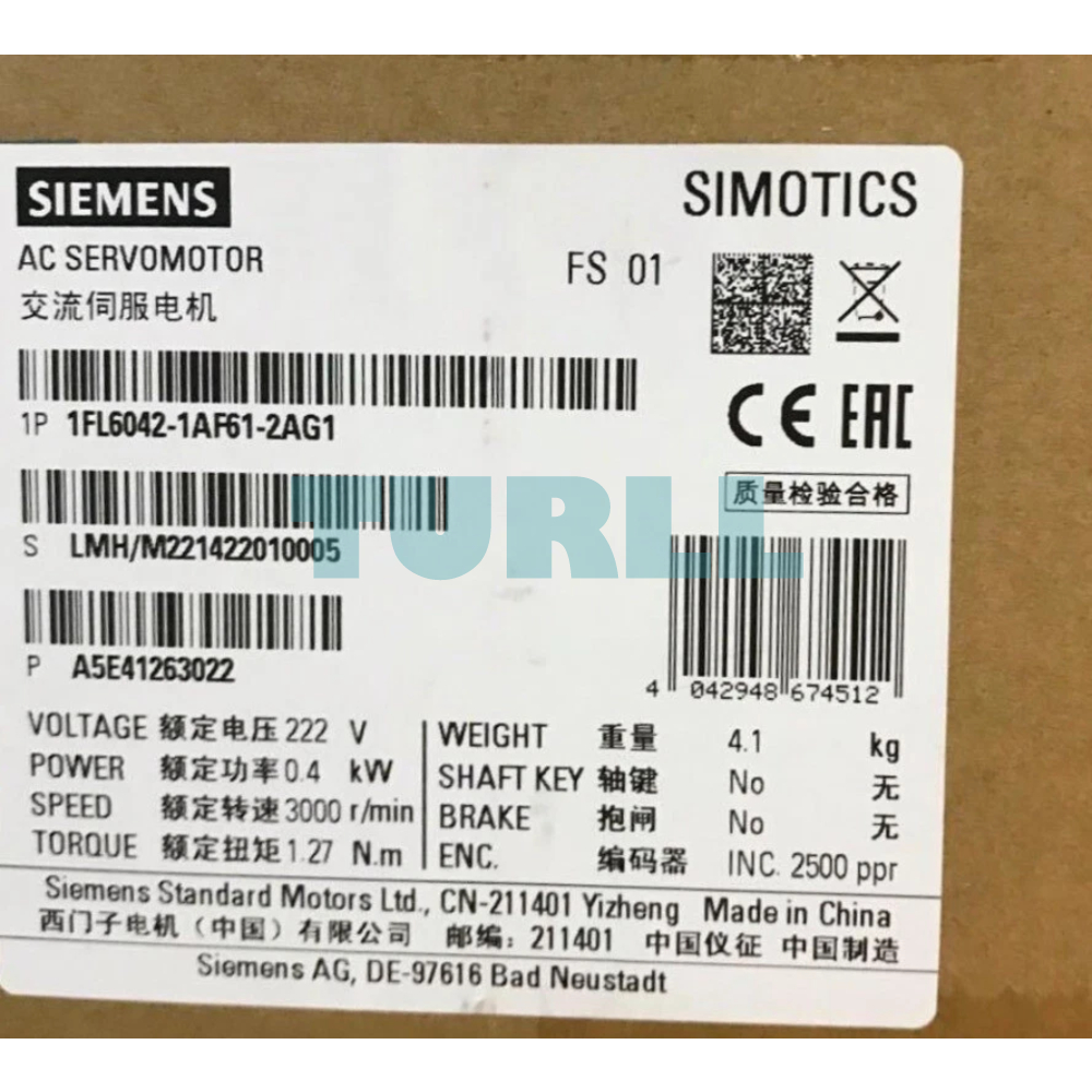 Siemens 1FL6042-1AF61-2AG1 SIMOTICS S-1FL6 Servo Motor 0.4 kW, 400V, 3000 RPM, IP65 Original Brand New 2 Siemens 1FL6042-1AF61-2AG1 SIMOTICS S-1FL6 Servo Motor 0.4 kW, 400V, 3000 RPM, IP65