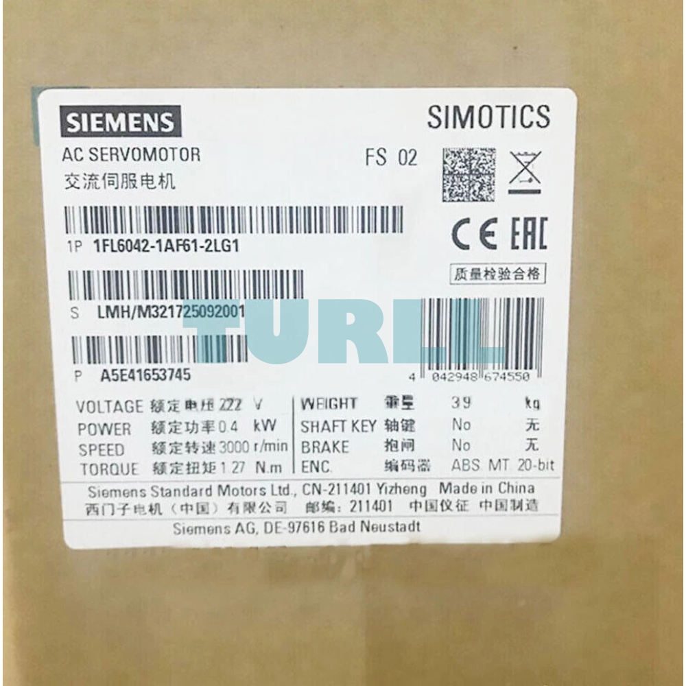 Siemens 1FL6042-1AF61-2LG1 SIMOTICS S-1FL6 High Inertia Servo Motor 0.4kW, 3000rpm Original Brand New 3 Siemens 1FL6042-1AF61-2LG1 SIMOTICS S-1FL6 High Inertia Servo Motor 0.4kW, 3000rpm