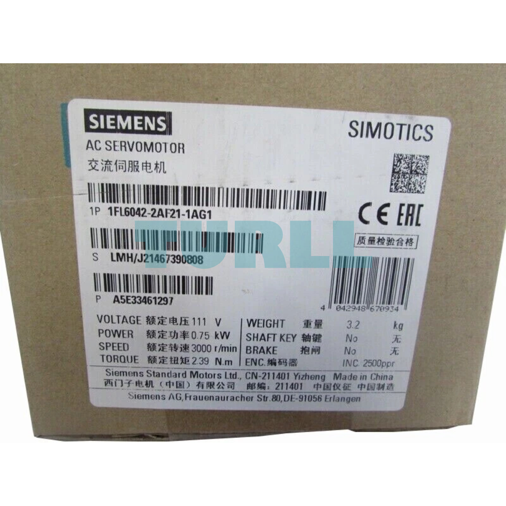 Siemens 1FL6042-2AF21-1AG1 SIMOTICS S-1FL6 Servo Motor 0.75 kW, 3000 rpm, 2.39 Nm, IP65 Original Brand New 3 Siemens 1FL6042-2AF21-1AG1 SIMOTICS S-1FL6 Servo Motor 0.75 kW, 3000 rpm, 2.39 Nm, IP65