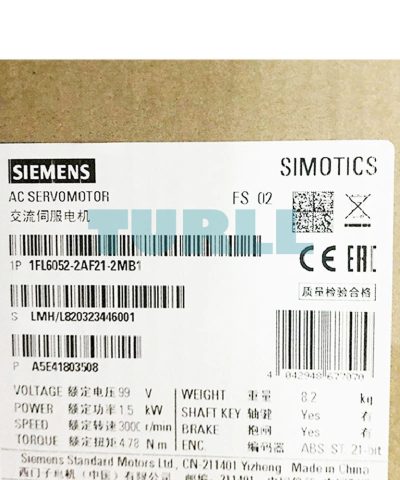 Siemens 1FL6052-2AF21-2MB1 SIMOTICS S-1FL6 Servo Motor 1.5 kW, 3000 rpm