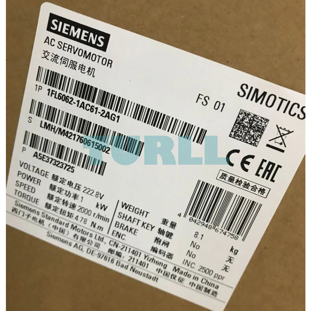Siemens 1FL6062-1AC61-2AG1 SIMOTICS S-1FL6 Servo Motor 1kW, 400V, 2000 RPM Original Brand New 3 Siemens 1FL6062-1AC61-2AG1 SIMOTICS S-1FL6 Servo Motor 1kW, 400V, 2000 RPM
