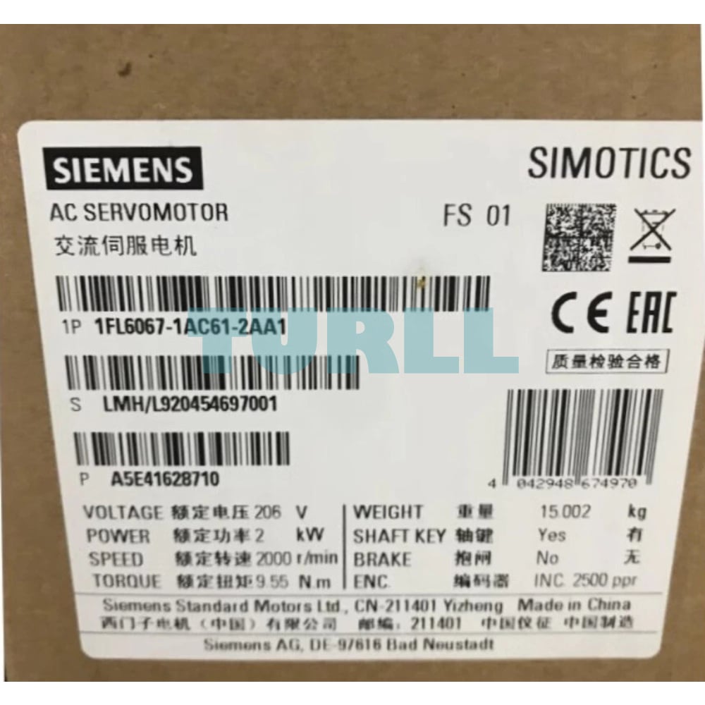 Siemens 1FL6067-1AC61-2AA1 SIMOTICS S-1FL6 Servo Motor 2kW, 400V, 2000 RPM, IP65 Original Brand New 3 Siemens 1FL6067-1AC61-2AA1 SIMOTICS S-1FL6 Servo Motor 2kW, 400V, 2000 RPM, IP65
