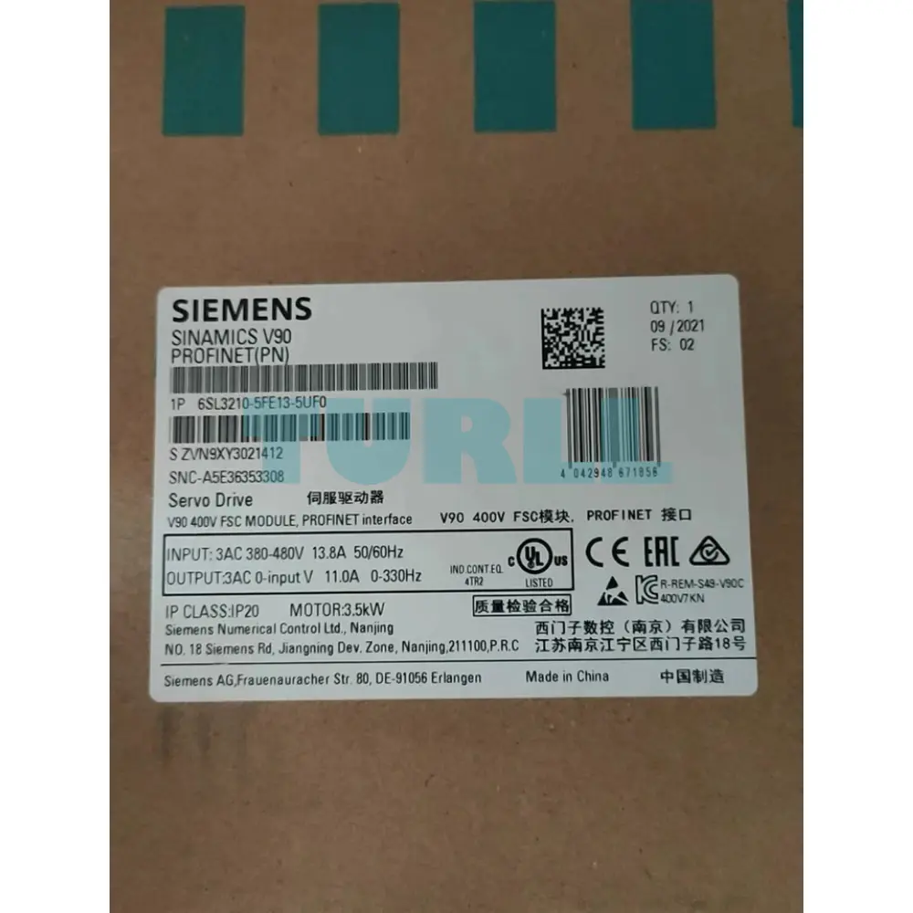 Siemens 6SL3210-5FE13-5UF0 SINAMICS V90 Servo Drive 3.5kW, PROFINET
