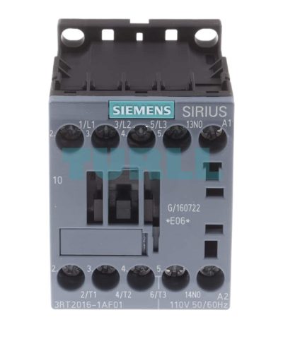 Siemens 3RT2016-1AF01 SIRIUS 3RT Power Contactor, 9A, 4kW, 3-Pole, 110V AC Coil, Size S00, Screw Terminal