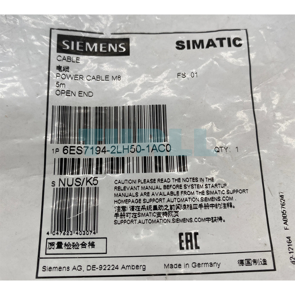 6ES7194-2LH50-1AC0 SIEMENS Exclusive Power Cable M8 Original Brand New 3 6ES7194-2LH50-1AC0 Siemens M8 power cable 5m single socket