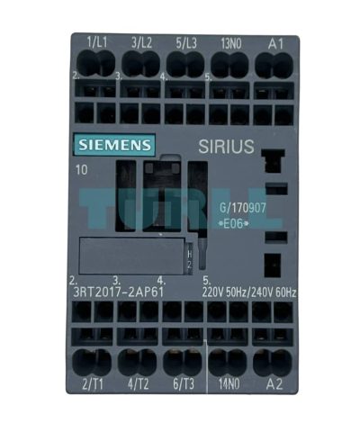 Siemens 3RT2017-2AP61 SIRIUS Power Contactor 12A, 5.5kW, AC-3e/AC-3, 3-Pole, 220V/240V AC Coil, 1NO Aux, Size S00, Spring-Loaded Terminal