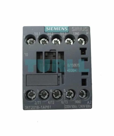 Siemens 3RT2018-1AP61 SIRIUS Power Contactor 16A, 7.5kW, 220/240V AC, 3-Pole, 1NO Aux Contact, Screw Terminal, S00 Size