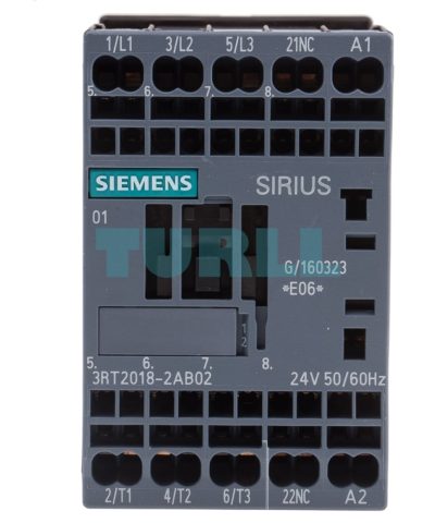 Siemens 3RT2018-2AB02 SIRIUS 3RT2 Power Contactor, 16 A, 7.5 kW, 3-Pole, 24 V AC Coil, Spring-Loaded Terminal