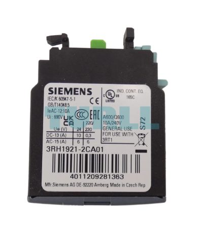 Siemens 3RH1921-2CA01 SIRIUS Front-Side Auxiliary Switch, 1 NC Contact, Spring-Type Terminal for 3RT1 Contactors