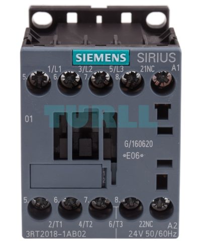 Siemens SIRIUS 3RT2018-1AB02 Power Contactor, 3-Pole, 16 A, 7.5 kW, 24V AC Coil, Size S00, Screw Terminal