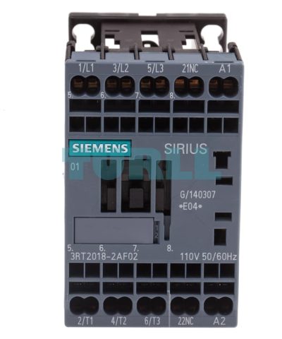 Siemens 3RT2018-2AF02 Power Contactor, 16A, 7.5kW, 3-Pole, 110V AC, Spring-Terminal, Size S00