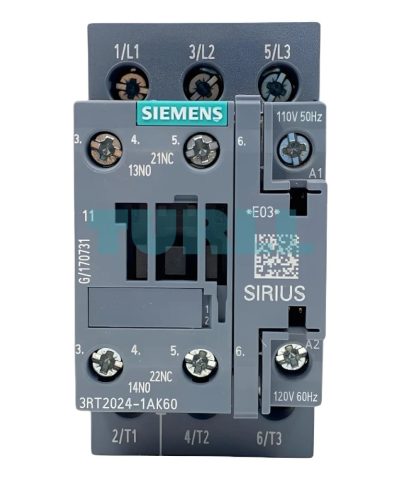 Siemens SIRIUS 3RT2024-1AK60 Power Contactor 12A, 5.5kW, 3-Pole, 110/120V AC Coil, 1 NO + 1 NC, Size S0