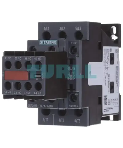 Siemens SIRIUS 3RT2026-1AL24 Power Contactor 25A, 11kW, 230V AC Coil, 3-Pole, S0, 2 NO + 2 NC Aux Contacts