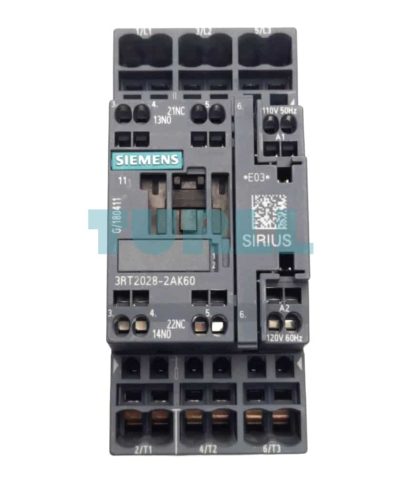 Siemens 3RT2028-2AK60 SIRIUS Power Contactor, 3-Pole, 38A, 18.5kW, AC-3/AC-3e, 110/120V AC Coil, Size S0, Spring Terminal