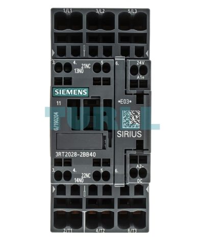 Siemens 3RT2028-2BB40 Power Contactor, 38A, 3-Pole, 24V DC, 18.5kW, 1NO+1NC Auxiliary Contacts