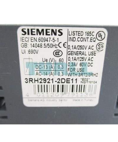 Siemens 3RH2921-2DE11 Auxiliary Switch, Solid-State Compatible, 1 NO + 1 NC, Lateral, Spring-Loaded Terminal