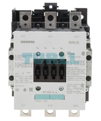 Siemens SIRIUS 3RT1055-6LA06 Power Contactor Size S6, 150 A, 75 kW, 3-Pole, Busbar