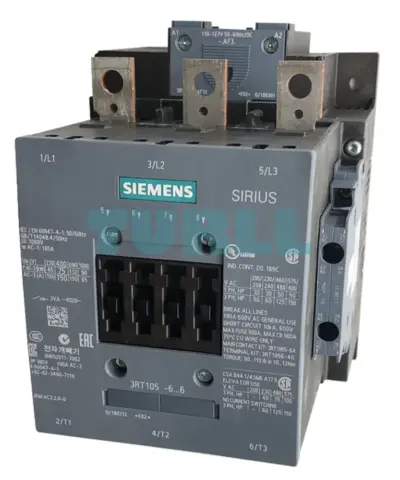 Siemens 3RT1056-6AF36 Power Contactor 185 A, 90 kW, AC-3 / AC-3e, 110–127 V DC Coil, 3-Pole