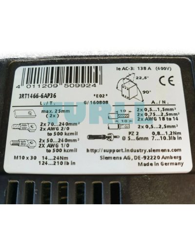 Siemens 3RT1466-6AP36 Power Contactor AC-1, 400A, 690V, 3-Pole, 2 NO + 2 NC Contact