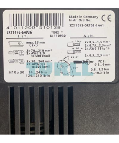 Siemens 3RT1476-6AP36 Power Contactor 3-Pole, AC-1, 690A, 220–240V AC/DC Coil, Screw Terminal