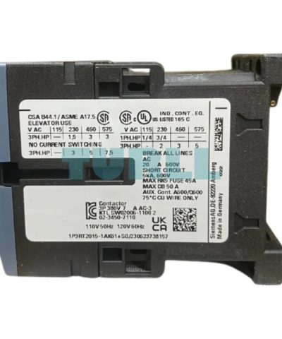 Siemens 3RT2015-1AK61 Power Contactor 7A, 3-Pole, 3 kW / 400V, Auxiliary 1NO, S00