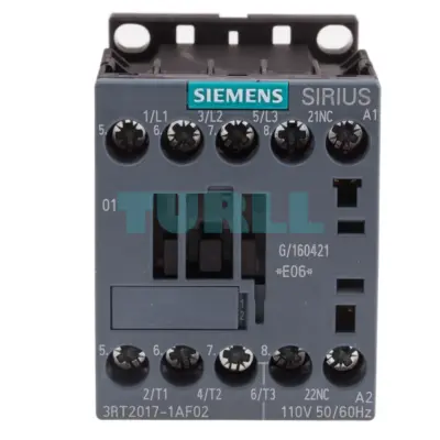 Siemens SIRIUS 3RT2017-1AF02 Power Contactor 12A, 5.5kW, 3-Pole, 110V AC Coil, 1 NC, Size S00