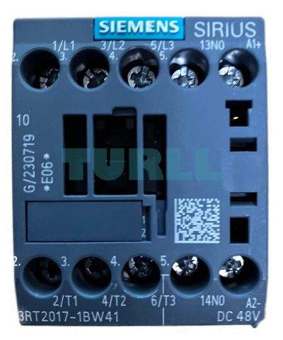 Siemens 3RT2017-1BW41 Power Contactor 12 A, 5.5 kW, 3-Pole, AC-3/AC-3e, 48 V DC Coil, S00 Size, 1NO