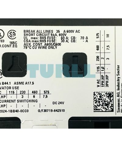 Siemens 3RT2024-1BB40-0CC0 Power Contactor 3-Pole, 12A, 5.5kW, 24V DC