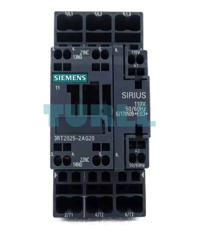 Siemens 3RT2025-2AG20 Power Contactor 17A, 7.5kW, 3-Pole, 110V AC, Auxiliary Contacts