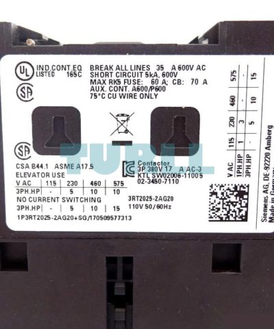 Siemens 3RT2025-2AG20 Power Contactor 17A, 7.5kW, 3-Pole, 110V AC, Auxiliary Contacts