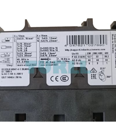 Siemens 3RT2446-1AP00 Contactor 3-Pole, AC-1, 140 A, 690 V, 230 V AC Coil, S3 Size,1 NO + 1 NC