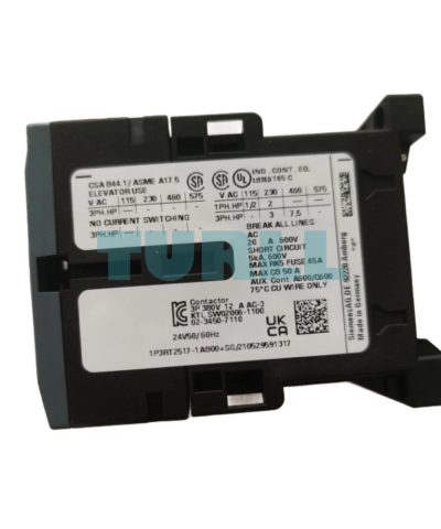 Siemens 3RT2517-1AB00 Power Contactor 12A, AC-3, 5.5 kW, 4-Pole, 24V AC Coil, S00 Size