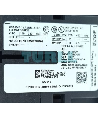 Siemens 3RT2517-2BB40 Power Contactor 4-Pole, 12A, 5.5kW, 24V DC Coil, Spring-Loaded Terminal