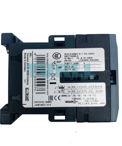 Siemens 3RT2516-1AK60 Power Contactor 9A, 4 kW, 4-Pole, AC-3, Screw Terminal