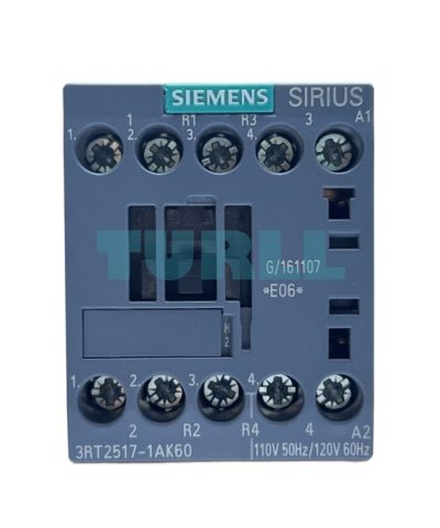 Siemens 3RT2517-1AK60 Power Contactor 12A, AC-3, 5.5 kW / 400V, 4-Pole, 110/120V Coil, S00 Size