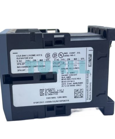 Siemens 3RT2517-1AK60 Power Contactor 12A, AC-3, 5.5 kW / 400V, 4-Pole, 110/120V Coil, S00 Size