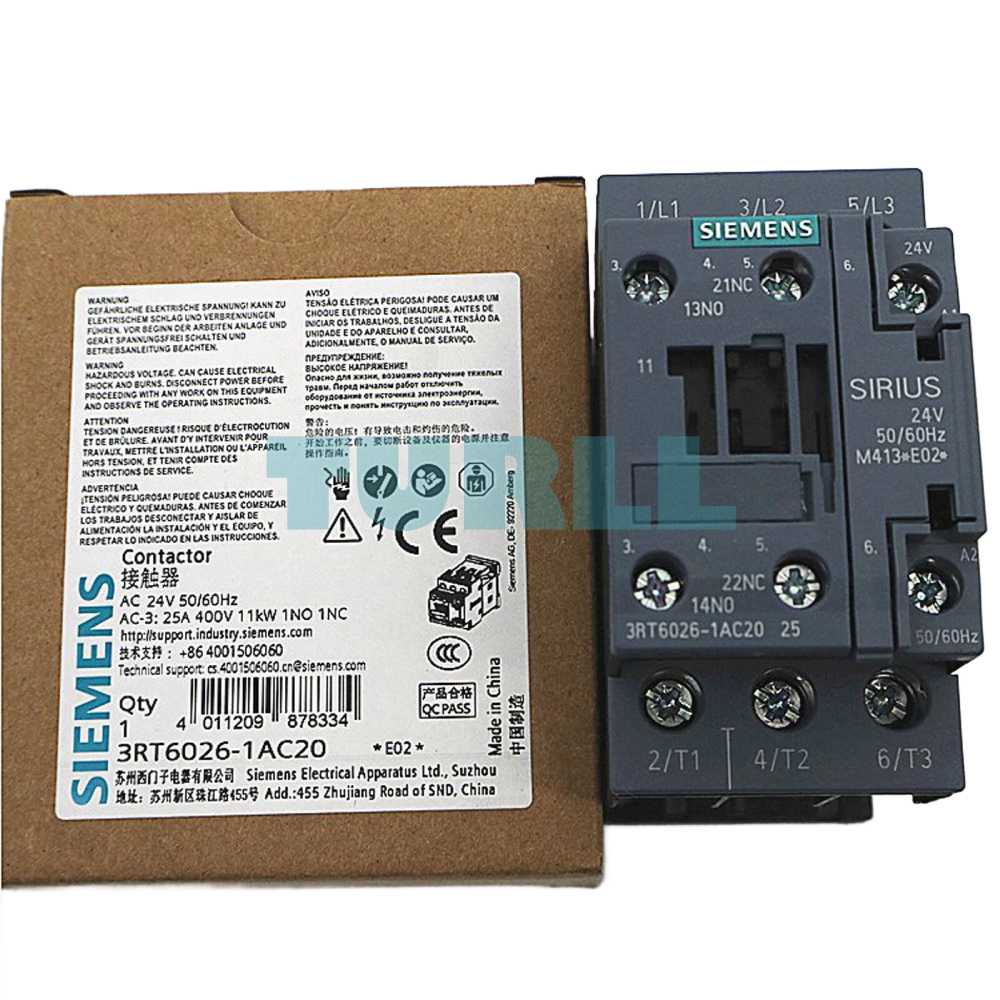 Siemens 3RT6026-1AC20 AC Contactor 24V 50/60Hz, 11 kW, 3-Pole, Auxiliary Contact Original Brand New 6 Siemens 3RT6026-1AC20 AC Contactor 24V 50/60Hz, 11 kW, 3-Pole, Auxiliary Contact